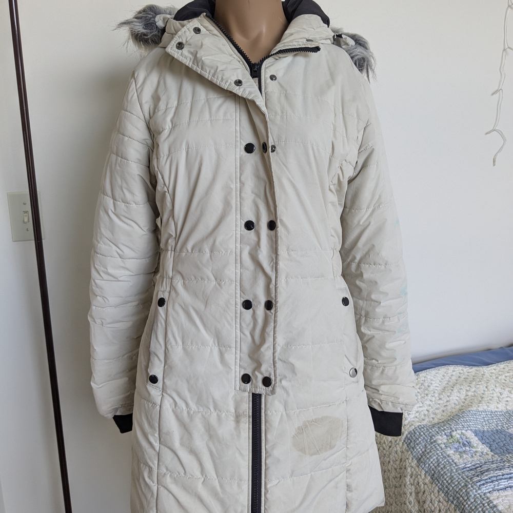 Cream Puffer Jacket with Faux Fur Hood